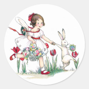 Sticker Rond Fille, lapin et fleurs de Pâques