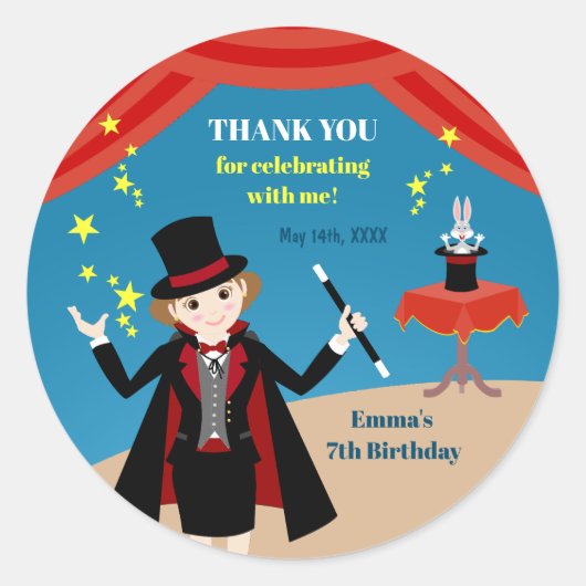 Sticker Rond Fille magicien Spectacle Anniversaire (Devant)