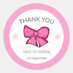Sticker Rond Fille Merci Ruban Rose 1er Anniversaire Enfants 
