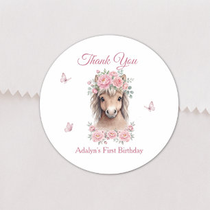 Sticker Rond Fille Mignonne Cheval Floral Rose Premier Annivers