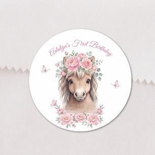 Sticker Rond Fille Mignonne Cheval Floral Rose Premier Annivers