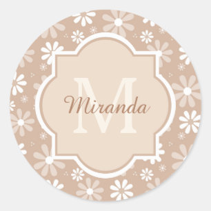 Sticker Rond Fille Monogramme mignon Tan Daisy Fleurs et nom