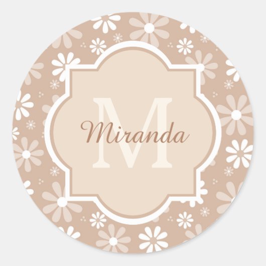 Sticker Rond Fille Monogramme mignon Tan Daisy Fleurs et nom (Devant)