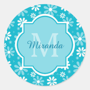 Sticker Rond Fille Monogramme Turquoise Daisy Fleurs Avec Nom