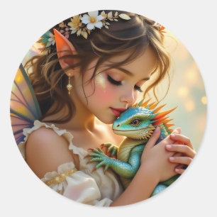Sticker Rond Fille Mystique Fée et Dragon  