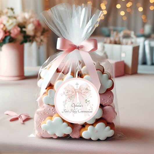 Sticker Rond Fille noeud rose floral première communion