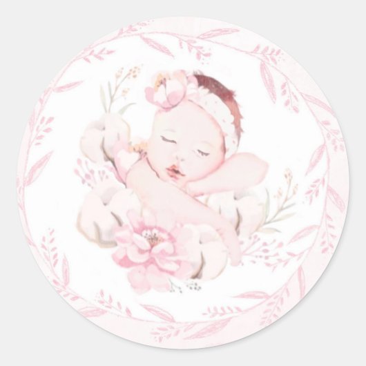 Sticker Rond Fille nouveau-né main tiré Baby shower rose (Devant)