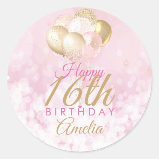 Sticker Rond Fille Parties scintillant rose Ballons 16e anniver (Devant)