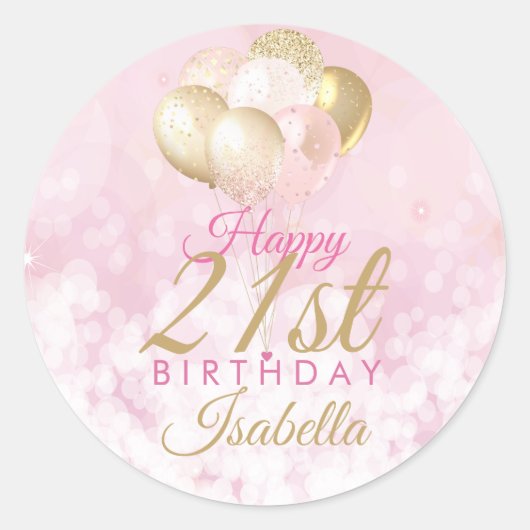 Sticker Rond Fille Parties scintillant rose Ballons 21e anniver (Devant)