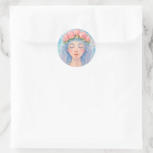 Sticker Rond Fille Pastel Rêveuse avec Couronne de Fleurs de Tu