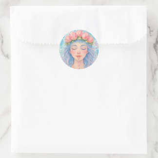Sticker Rond Fille Pastel Rêveuse avec Couronne de Fleurs de Tu