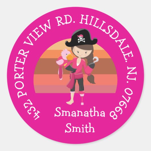 Sticker Rond Fille Perroquet rose Pirate Party ADRESSE Classic  (Devant)
