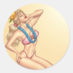 Sticker Rond Fille Pin- blonde de bikini avec des fleurs par Al