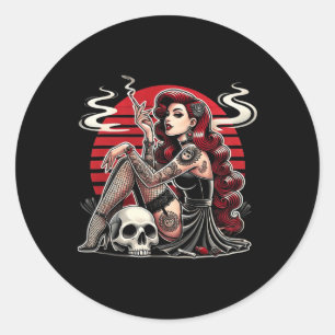 Sticker Rond Fille pin-up gothique tatouée avec crâne horreur v