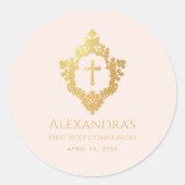 Sticker Rond Fille première communion Blush Pink Gold Crest Vin (Devant)