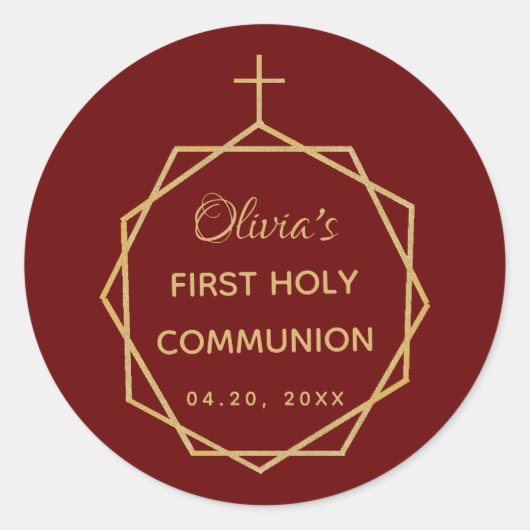 Sticker Rond Fille Première Communion Bourgogne Rouge Or modern (Devant)