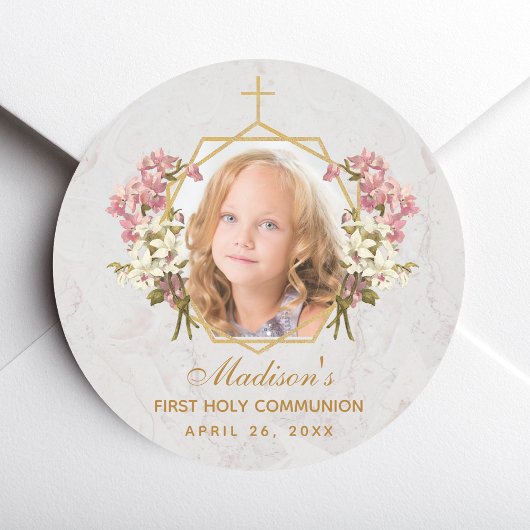 Sticker Rond Fille première communion photo Floral rose orchidé