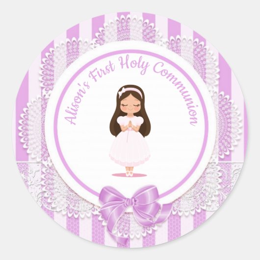 Sticker Rond Fille première sainte communion dentelle violette (Devant)