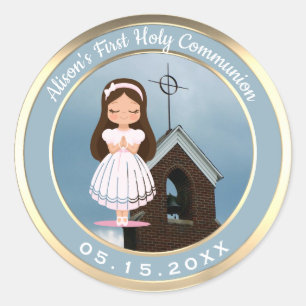 Sticker Rond Fille première sainte communion église or