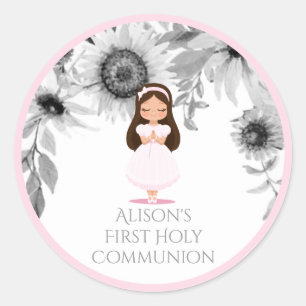 Sticker Rond Fille première sainte communion Fleurs roses