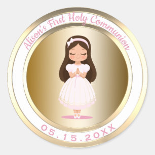 Sticker Rond Fille Première Sainte Communion Métallic Or et ros