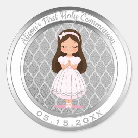 Sticker Rond Fille Première Sainte Communion Quatrefoil Argent (Devant)