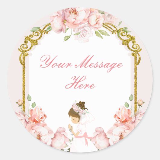 Sticker Rond Fille Priant l'or 1ère sainte communion Votre mess (Devant)