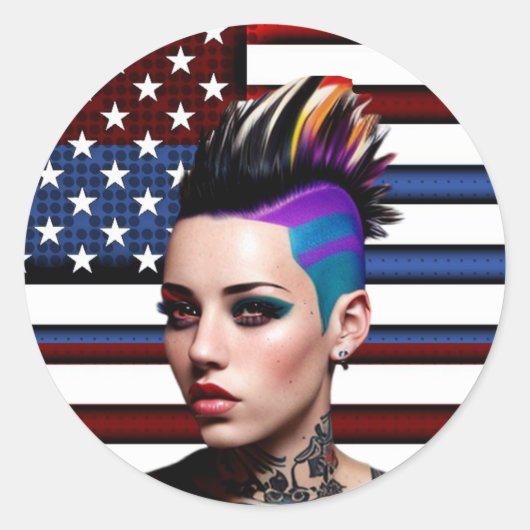 Sticker Rond Fille punk mohawk avec drapeau américain (Devant)