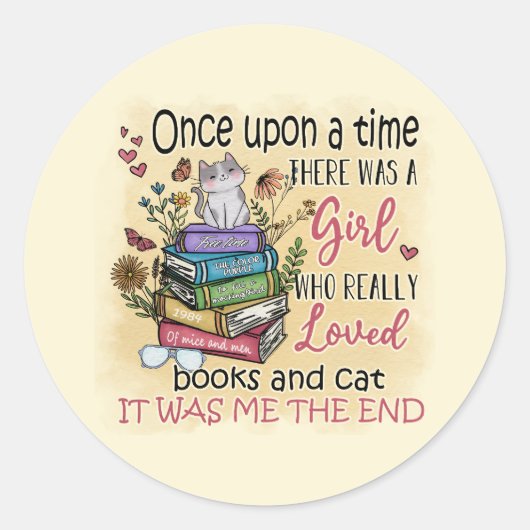 Sticker Rond Fille qui aime les livres et les chats (Devant)