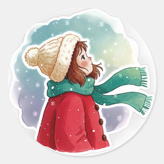 Sticker Rond fille regardant la neige (Devant)