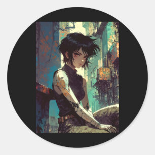 Sticker Rond Fille Rétro Anime Cyberpunk Guerrière de l'Avenir