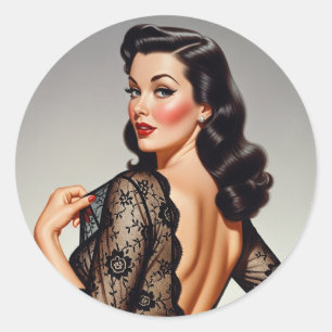 Sticker Rond Fille Rétro Brunette Pin-up Style Glamour 50's