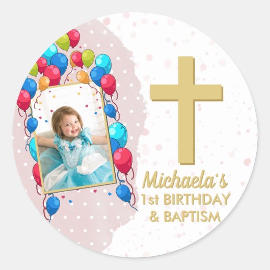 Sticker Rond Fille rose 1er Anniversaire Baptême Gold Texte Pho (Devant)
