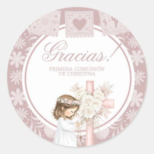Sticker Rond Fille rose agenouillée Primera Comunion