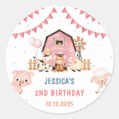 Sticker Rond Fille rose Animaux de ferme Anniversaire (Devant)