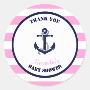 Sticker Rond Fille rose Baby shower nautique Merci Favor