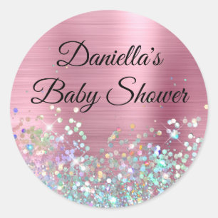 Sticker Rond Fille Rose Holo Pailleté Baby Shower