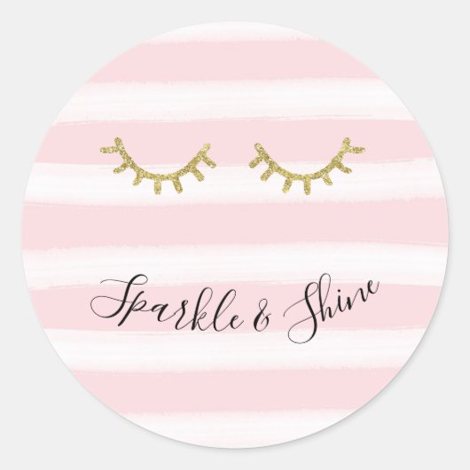 Sticker Rond Fille rose rayures Parties scintillant or Eyelashe (Devant)