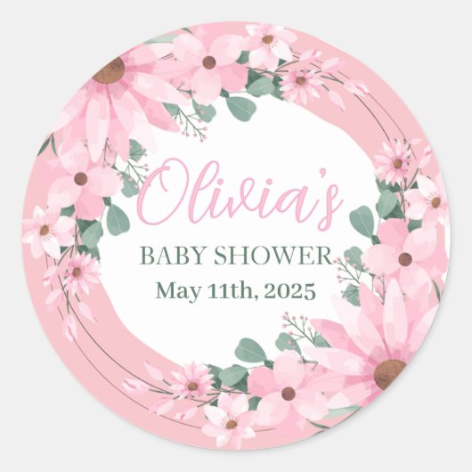 Sticker Rond Fille rose rousse dans le Baby shower fleuri (Devant)