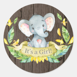 Sticker Rond Fille rustique éléphant Baby Shower Jaune