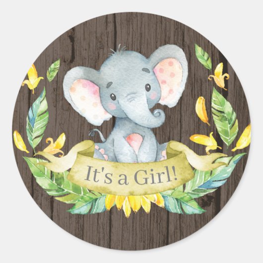 Sticker Rond Fille rustique éléphant Baby Shower Jaune (Devant)