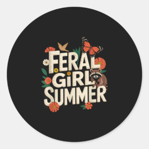 Sticker Rond Fille sauvage été raton laveur fleurs sauvages drô