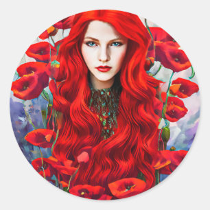 Sticker Rond Fille Se Cachant Dans Les Fleurs De Pavot L'art im