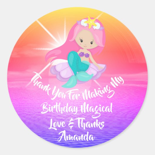 Sticker Rond Fille Sirène Anniversaire Favoriser Fille Magique  (Devant)