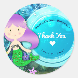 Sticker Rond Fille Sirène Fête d'anniversaire Mer Enchantée Fav