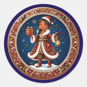 Sticker Rond Fille sud-asiatique de Noël festive Ornement de No