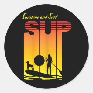 Sticker Rond Fille Sup Chien Planche De Paddle Debout Pagaie Co