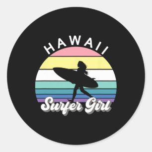 Sticker Rond Fille surfeuse Hawaii Vintage Surf Hawaïen Surf B