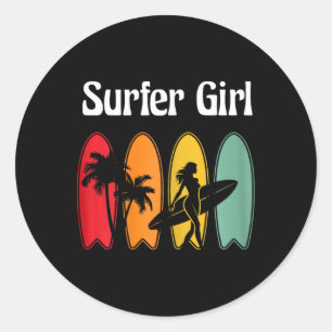 Sticker Rond Fille surfeuse planche de surf femmes rétro surf