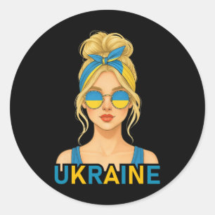 Sticker Rond Fille ukrainienne blonde Drapeau ukrainien Petite